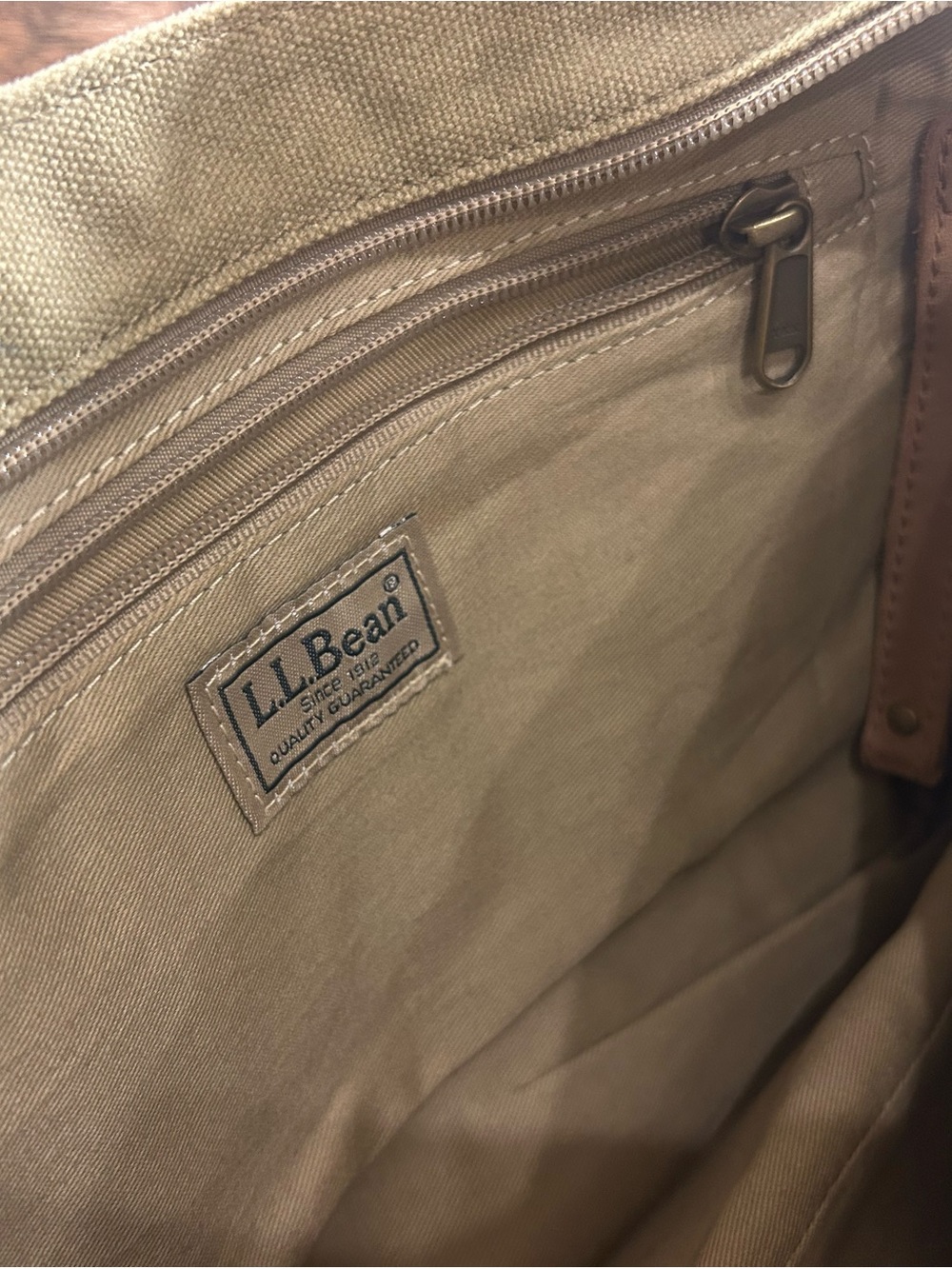 VINTAGE L.L.Bean Canvas Boat & Tote Moose Tan Brown Leather Trim Small Purse Bag - Picture 10 of 14